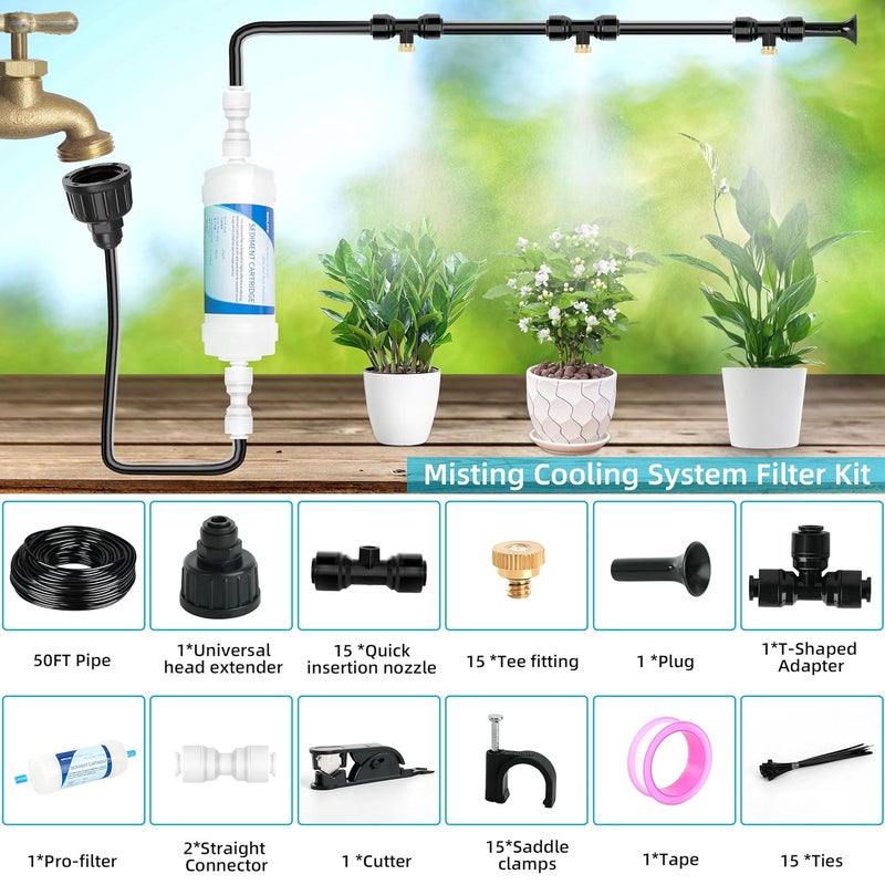 lucdnc 50FT Misters for Outside Patio Outdoor Misting System with Water Filter Automatic Cooling Patio Greenhouse Fan BBQ Pool Mist Kit for Irrigation Garden Durable All-Weather 1/4" Tubing - Image 4